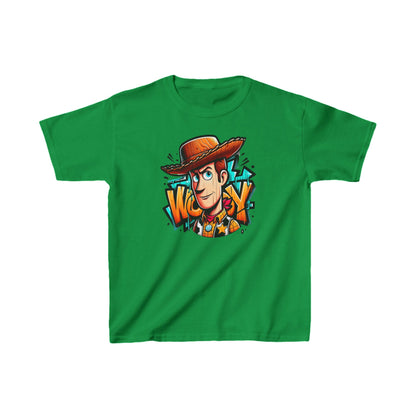 Elegant Childs Woody Graffiti Unisex Graphic Tee Shirt in lush green featuring a bold graffiti design of Woody, the iconic character from Toy Story.