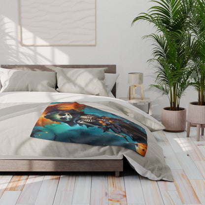 Luxurious Decorative and Warm Halloween Spooky Arctic Fleece Blanket draped elegantly over a bed, featuring a stunning skeleton design amidst a vibrant Halloween-themed backdrop.