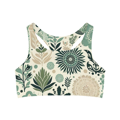 Leilani Beaumont Pastel Green Sports Bra featuring a modern design with organic shapes and luxurious block prints, showcasing high-quality activewear aesthetics.