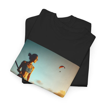 Luxury Delightfull Paddle Board Scene T-Shirt showcasing a serene paddleboarding design by Dazzling Dreams Studio, perfect for water sport enthusiasts.