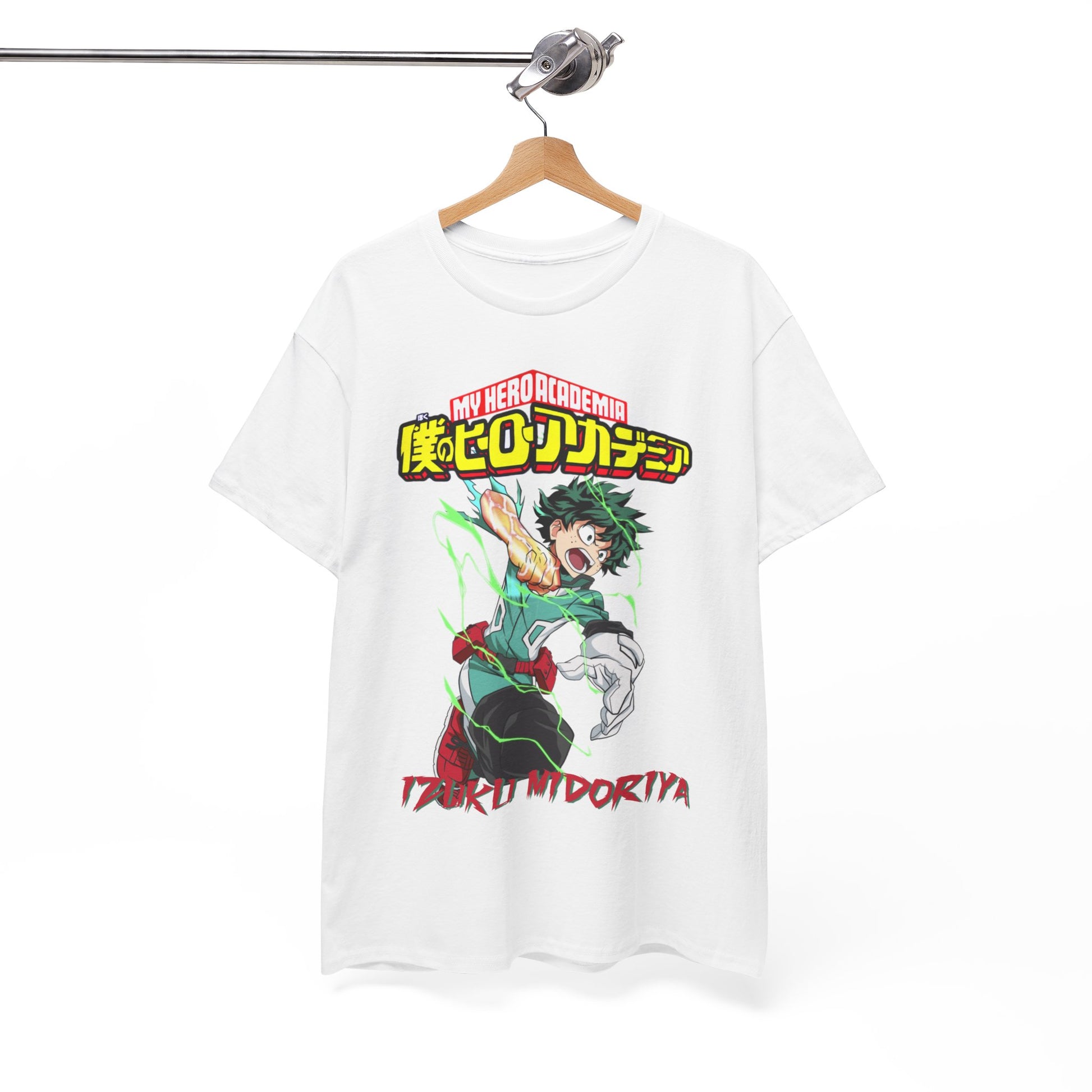 Sophisticated display of a white Izuku Midoriya T-shirt hanging elegantly, highlighting dynamic My Hero Academia illustrations and luxurious design.