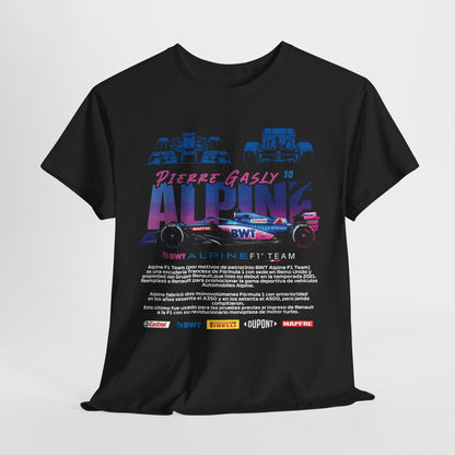 Alpine F1 Team Men's T-Shirt in black featuring Pierre Gasly's name and bold graphics with racing elements, ideal for motorsport enthusiasts.
