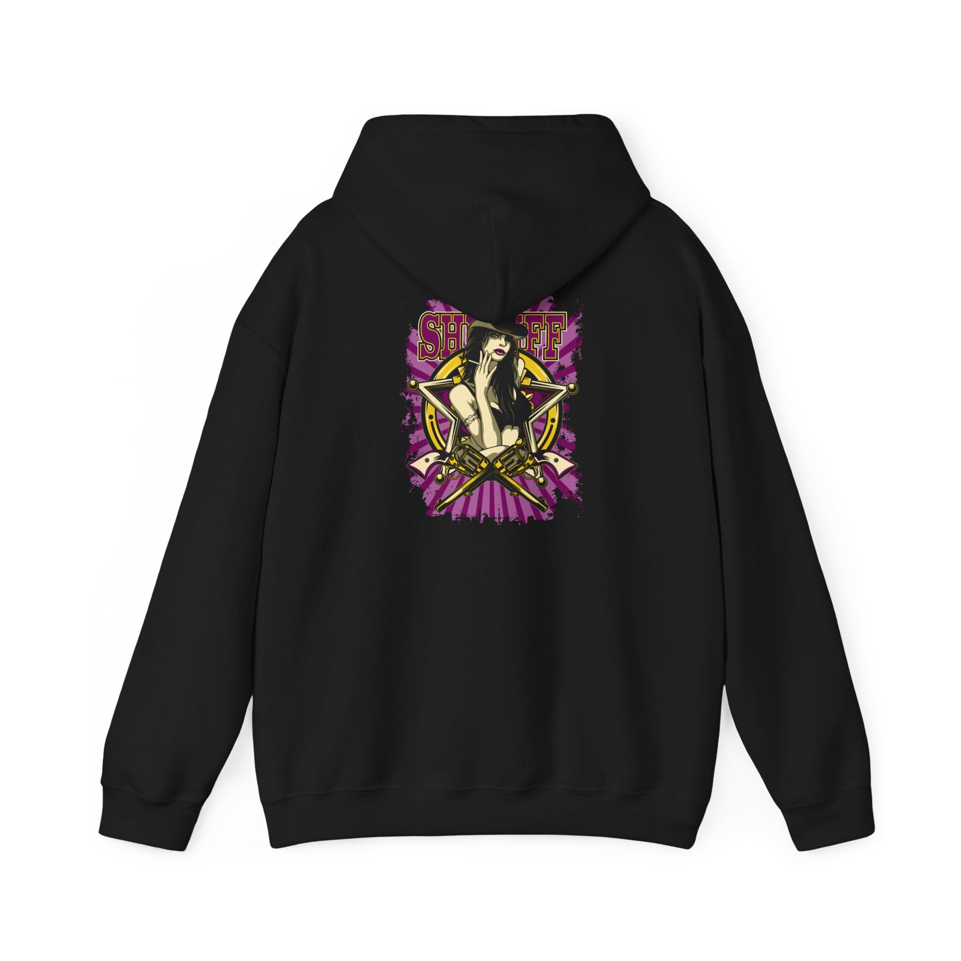 Striking black hoodie showcasing bold sheriff-themed graphic, combining fierce femininity and Western style with intricate details.
