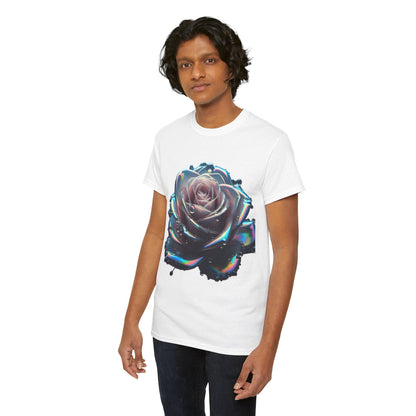 Ethereal Rose Unisex T-Shirt – Artful Cotton Tee modelled by a stylish individual, featuring a vibrant rose print that exudes sophistication.