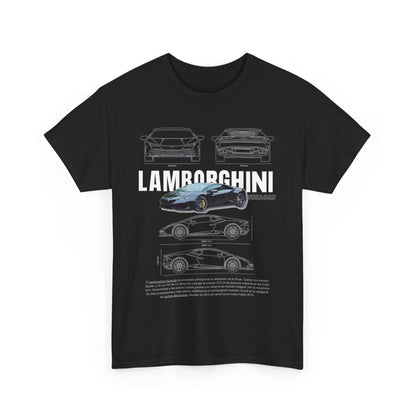 Black T-Shirt featuring a detailed Lamborghini Huracán technical drawing, designed for luxury automotive fans.