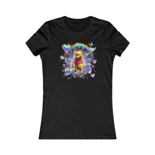 Vibrant Winnie the Pooh Women's Cotton T-Shirt Tee featuring a joyful Pooh Bear surrounded by luminous hearts, butterflies, and a rainbow backdrop, perfect for adding a whimsical touch to your wardrobe.