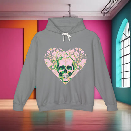 Unisex Lightweight Hooded Sweatshirt in grey showcasing a unique designer skull and roses print against a colourful background.