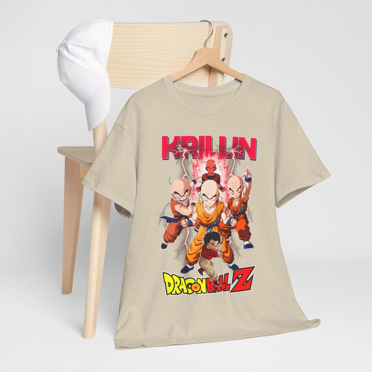 Elegant display of the Krillin & Z Fighters t-shirt on a refined wooden chair, highlighting the bold design and iconic Dragon Ball Z characters, ideal for collectors and fashion-forward fans.