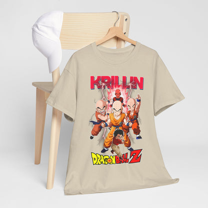 Elegant display of the Krillin & Z Fighters t-shirt on a refined wooden chair, highlighting the bold design and iconic Dragon Ball Z characters, ideal for collectors and fashion-forward fans.