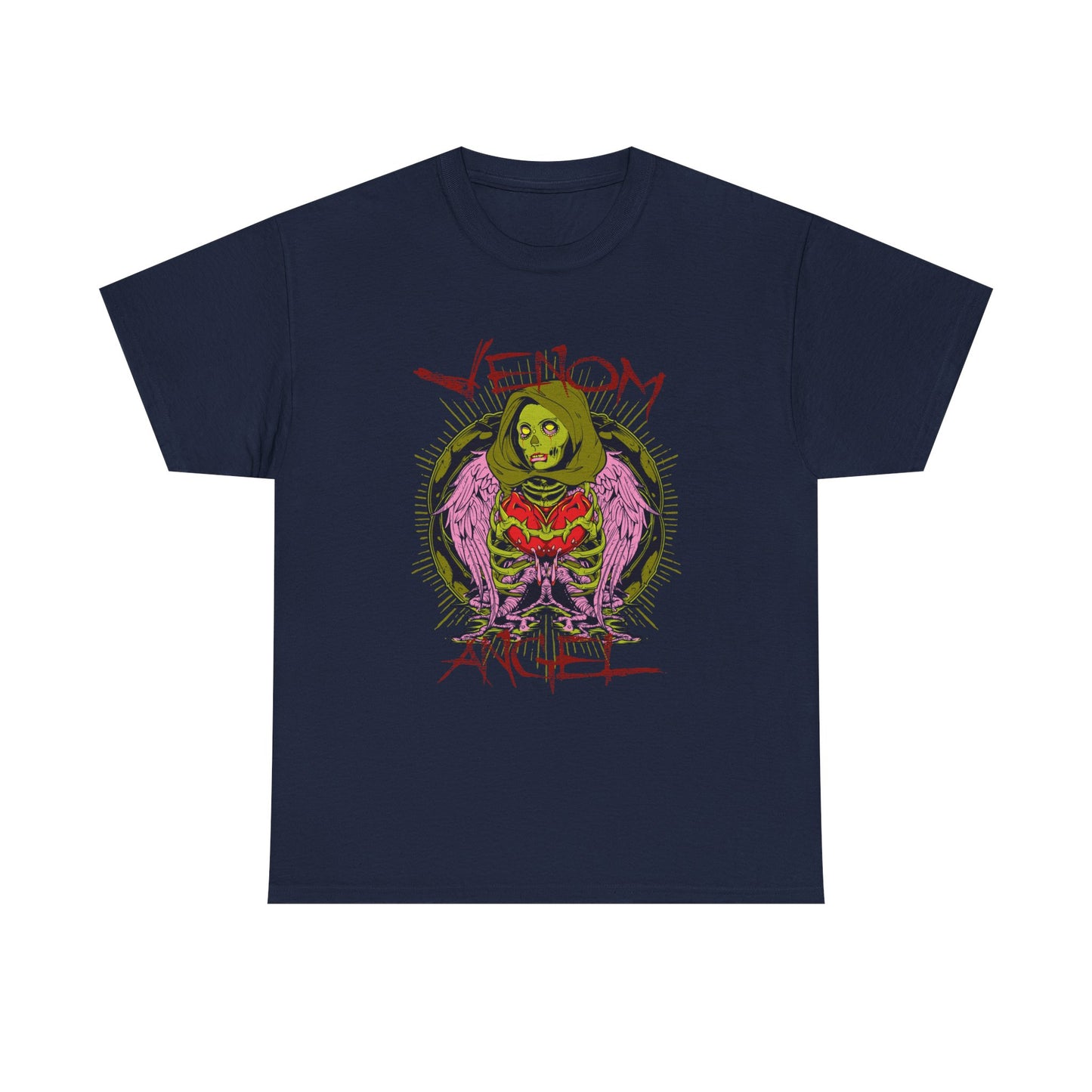 Luxury men's t-shirt featuring striking green angel artwork with pink wings, surrounded by bold 'VENOM' graphics, designed for a unique and stylish statement.