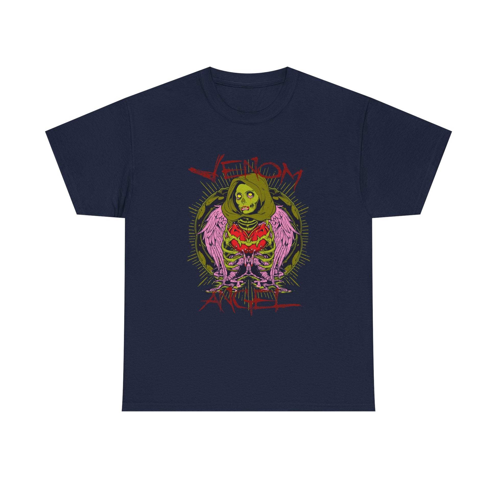 Luxury men's t-shirt featuring striking green angel artwork with pink wings, surrounded by bold 'VENOM' graphics, designed for a unique and stylish statement.