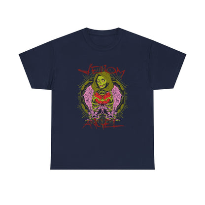Luxury men's t-shirt featuring striking green angel artwork with pink wings, surrounded by bold 'VENOM' graphics, designed for a unique and stylish statement.