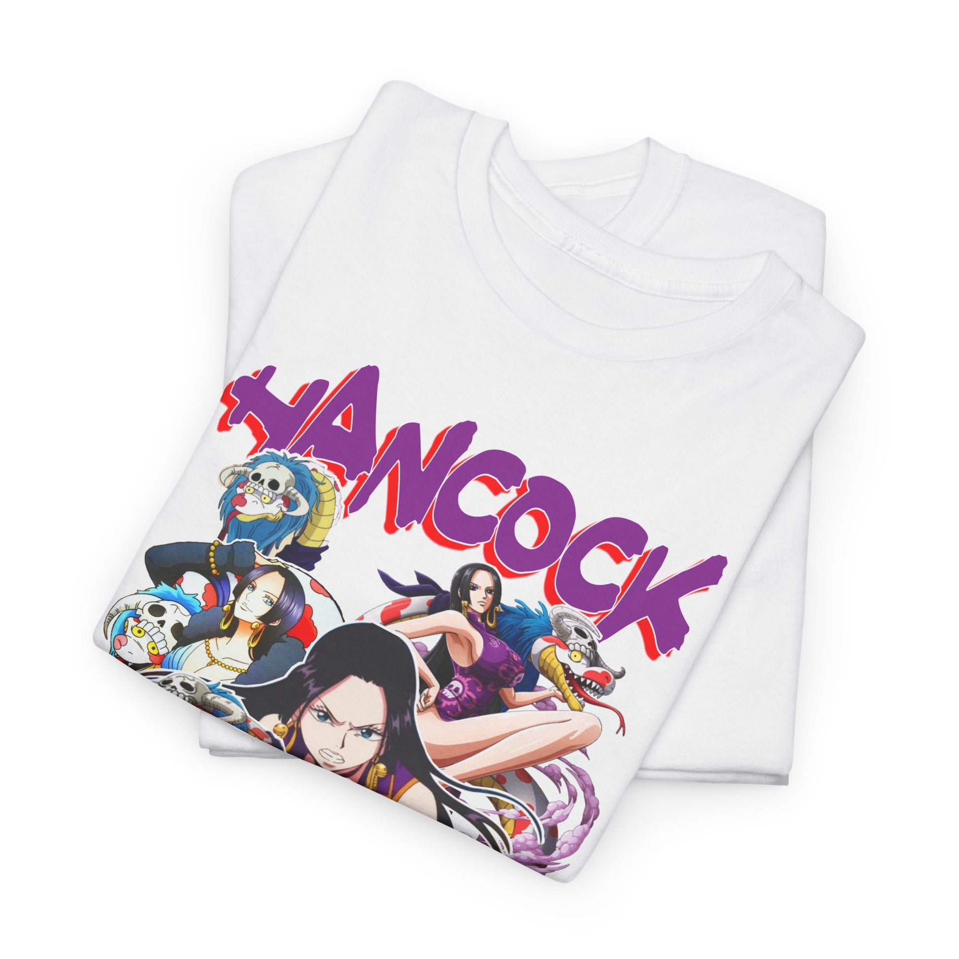 Elegant Boa Hancock t-shirt design featuring vibrant illustrations of anime characters, prominently showcasing the Serpent Empress against a crisp white background, ideal for fans seeking luxury and style.
