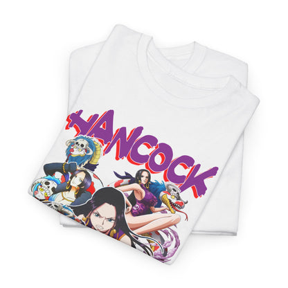 Elegant Boa Hancock t-shirt design featuring vibrant illustrations of anime characters, prominently showcasing the Serpent Empress against a crisp white background, ideal for fans seeking luxury and style.