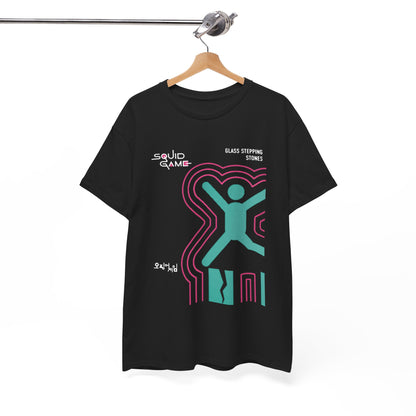 Stylish black t-shirt showcasing Squid Game artwork with the title 'Glass Stepping Stones', hung for a sophisticated display.