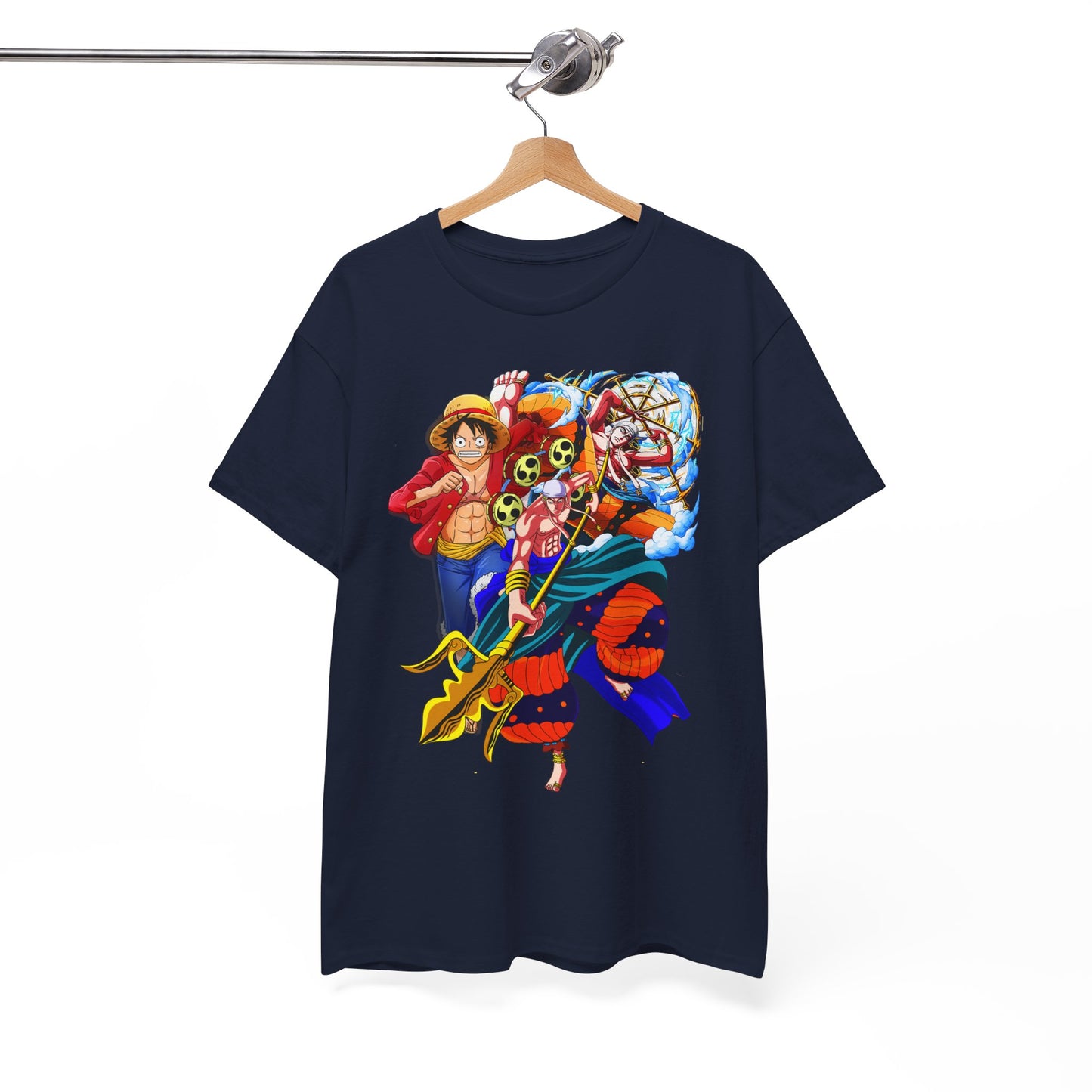 Premium men's navy t-shirt displayed elegantly on a hanger, featuring dynamic anime character designs, perfect for stylish anime enthusiasts.