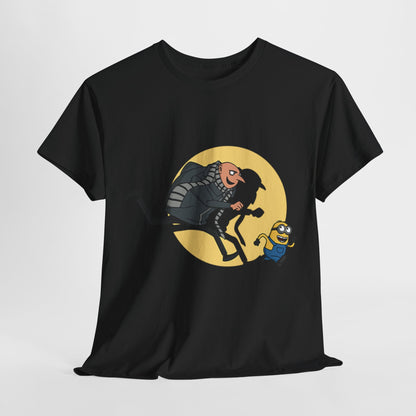 The Adventures of Gru Tin Tin Mashup Unisex Men´s Women´s Graphic T Shirt Tee featuring Gru and a Minion in action against a glowing backdrop. This funny T-shirt captures the essence of adventure with its vibrant graphics and playful characters. Perfect for fans of Minions.