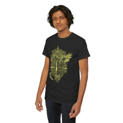A young man showcasing a black t-shirt adorned with an elegant Grim Reaper graphic, ideal for expressing individuality and dark fashion sensibilities.