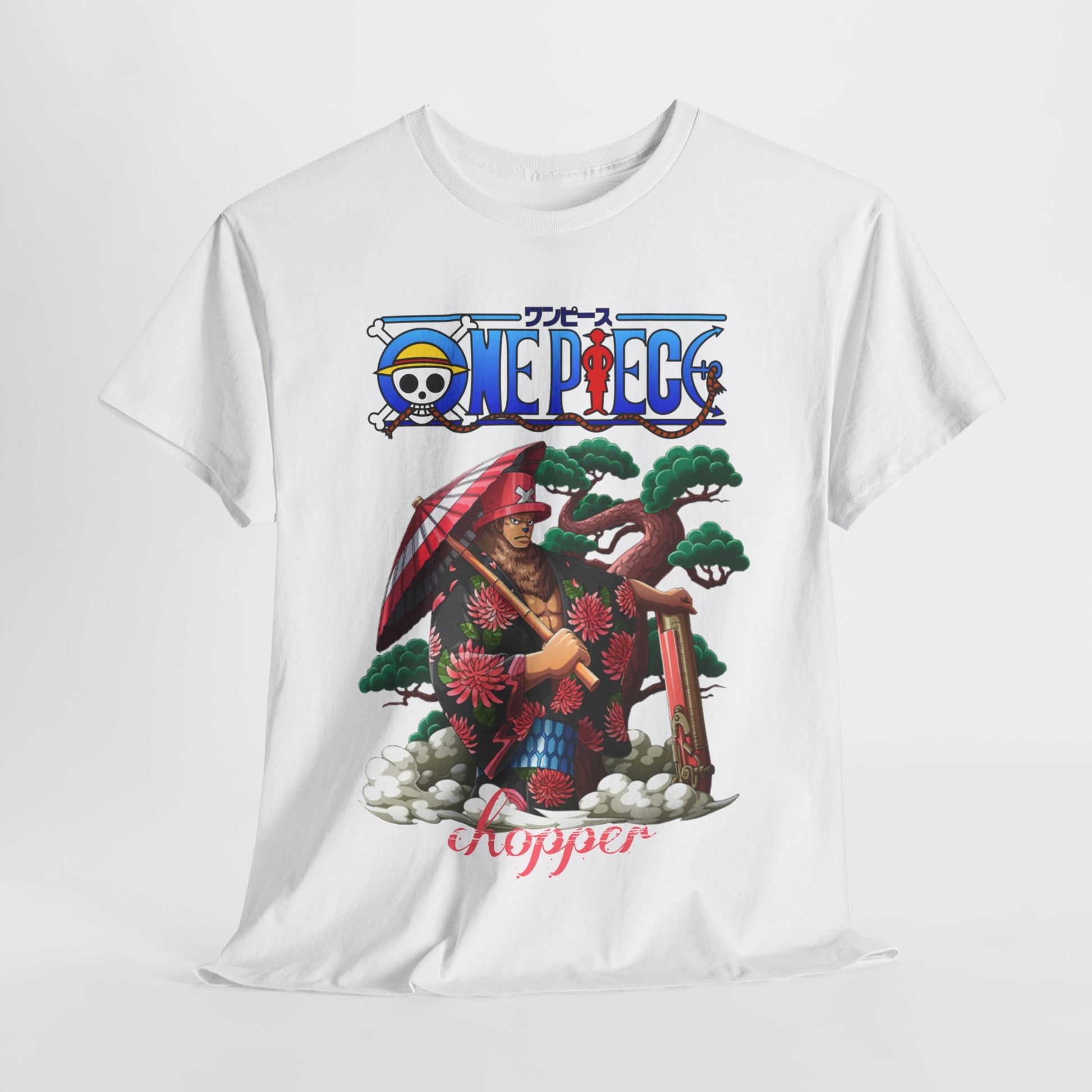 Elegant white t-shirt showcasing a captivating illustration of Chopper from One Piece, adorned in a traditional kimono, standing amongst whimsical clouds and trees, epitomising unique anime artistry.
