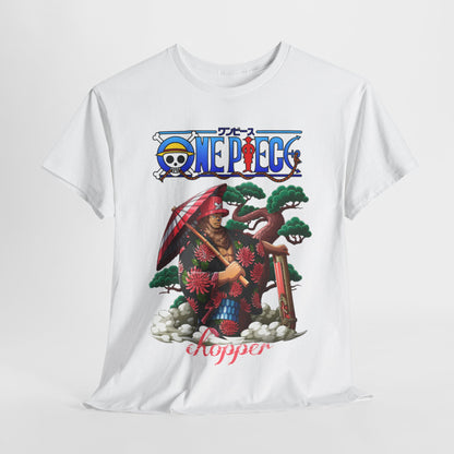 Elegant white t-shirt showcasing a captivating illustration of Chopper from One Piece, adorned in a traditional kimono, standing amongst whimsical clouds and trees, epitomising unique anime artistry.