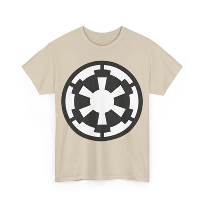 Front view of the Galactic Empire Star Wars Retro Logo Graphic Tee Unisex, featuring the iconic Galactic Empire logo prominently displayed in black and white on a beige background.