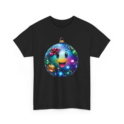 Close-up of the Festive Cheer Christmas Bauble Unisex Cotton T-Shirt Graphic Tee in black, featuring a vibrant ornament with a smiley face and festive embellishments.