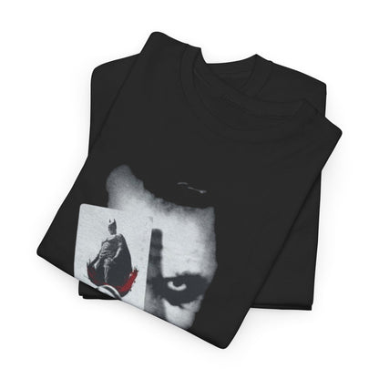 Premium black t-shirt displaying a contemporary design featuring the Joker and a card, along with the memorable line 'WHY SO SERIOUS?' in eye-catching red, perfect for making a fashionable statement.