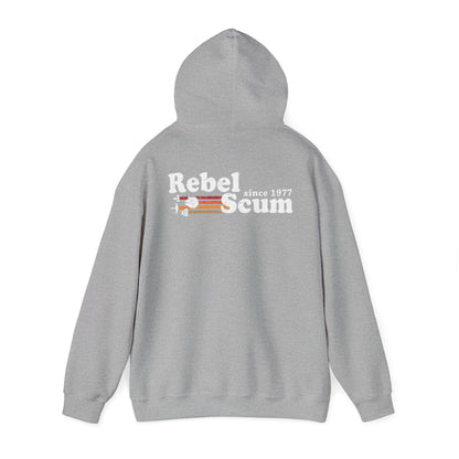 Chic grey Rebel Scum Hoodie with a stylishly designed back print, perfect for making a bold fashion statement.