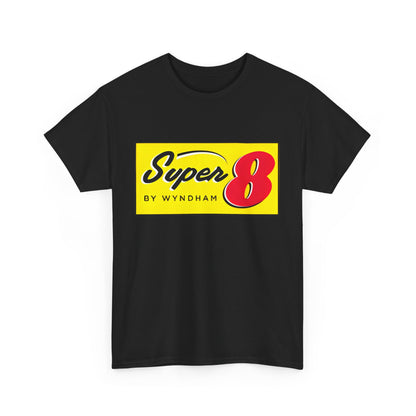 Super 8 Retro Logo Unisex Graphic Tee in classic black, featuring a bold logo design against a vibrant yellow backdrop, perfect for fashionable statement wear.