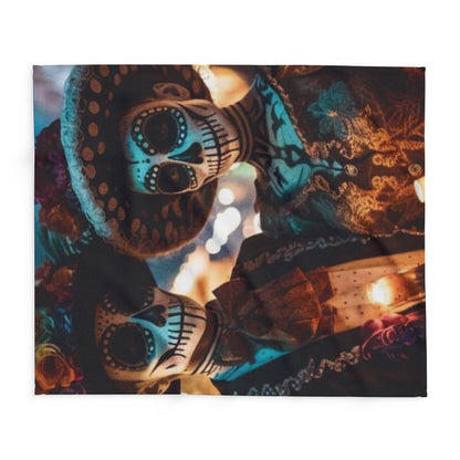 Artistic display of the Decorative and Warm Halloween Dia Del Muerte Arctic Fleece Blanket, featuring stunning skull designs and vibrant colours.