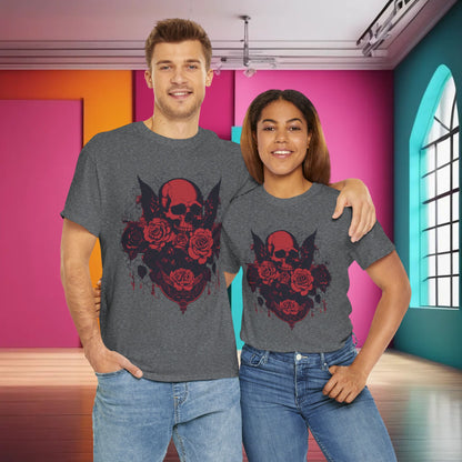 Stylish couple wearing the Skulls and Roses Cotton Tee, showcasing the unique graphic design and versatile unisex fit in a modern interior.