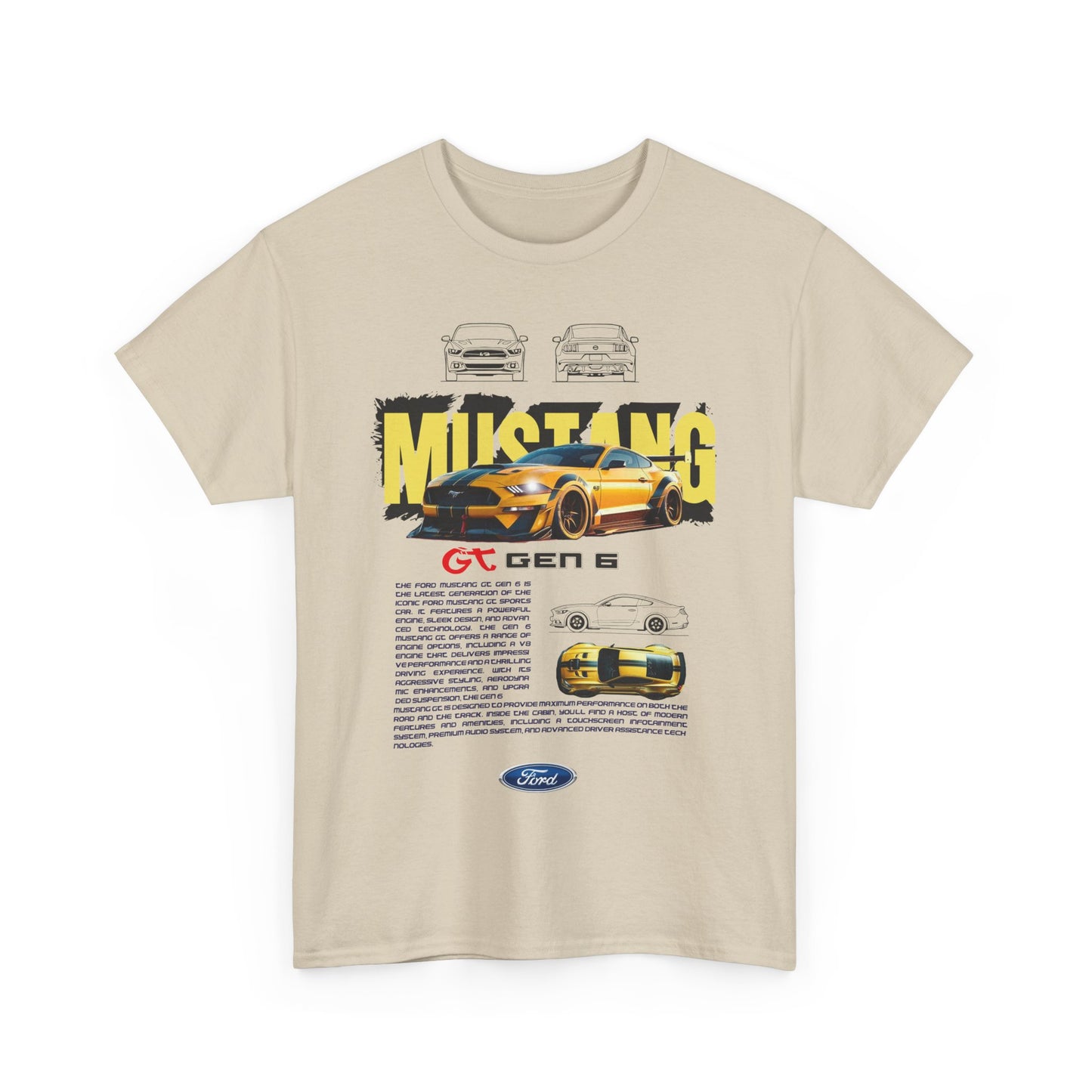 Front view of a beige men's t-shirt featuring a bold and vibrant Ford Mustang GT Gen 6 graphic design, highlighting automotive excellence.