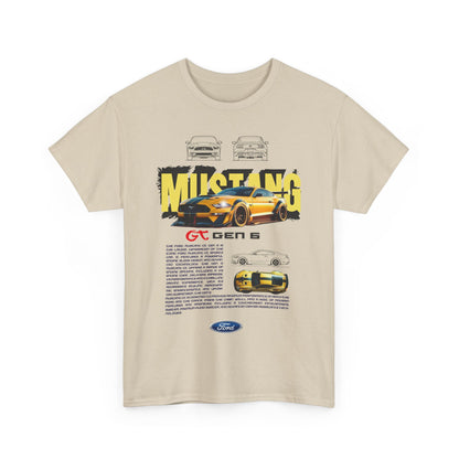 Front view of a beige men's t-shirt featuring a bold and vibrant Ford Mustang GT Gen 6 graphic design, highlighting automotive excellence.