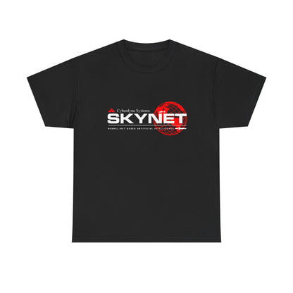 Close-up of the Skynet logo on a cotton funny tee shirt, capturing the essence of artificial intelligence with style.