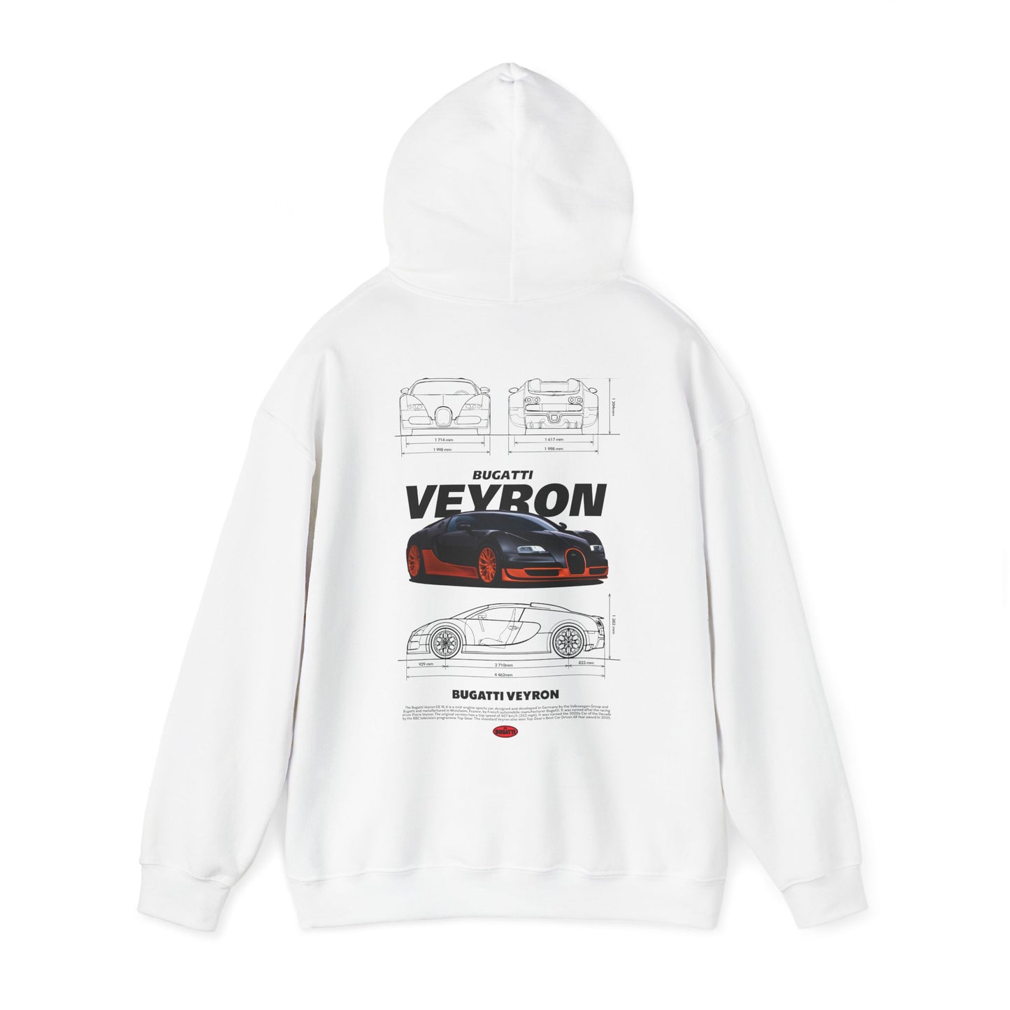 Minimalist white hoodie embellished with a stunning Bugatti Veyron design on the back, showcasing the vehicle's distinct features and branding.
