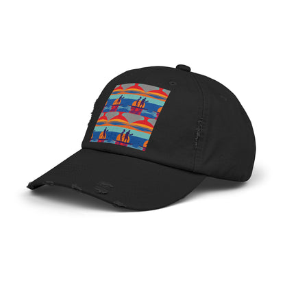 Unisex Distressed Cap displaying a captivating fantasy paddleboarding scene - designed for discerning water lovers, presented in a classic black finish.