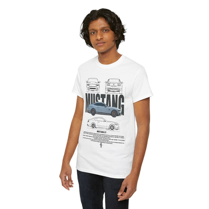 Another model dressed in the elegant Ford Mustang GT T-Shirt, showcasing the intricate technical illustrations of the car while exuding stylish confidence against a clean background.