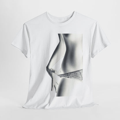 Luxury unisex graphic t-shirt featuring a striking grayscale illustration of a woman's torso, elegantly showcasing lace-trimmed undergarments, perfect for Valentine's celebrations.