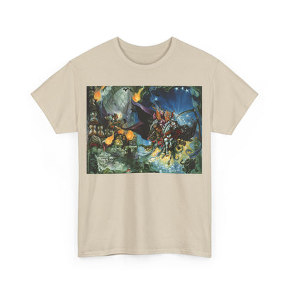 Front view of the exquisite Discworld Mort Graphic Unisex T-Shirt showcasing iconic artwork from Terry Pratchett's Mort, crafted from soft premium cotton.