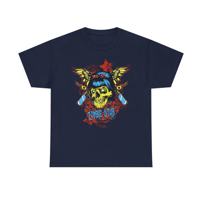 Sophisticated navy men's graphic T-shirt featuring an artistic skull illustration with wings and vibrant blood splatter, ideal for a contemporary gothic look.