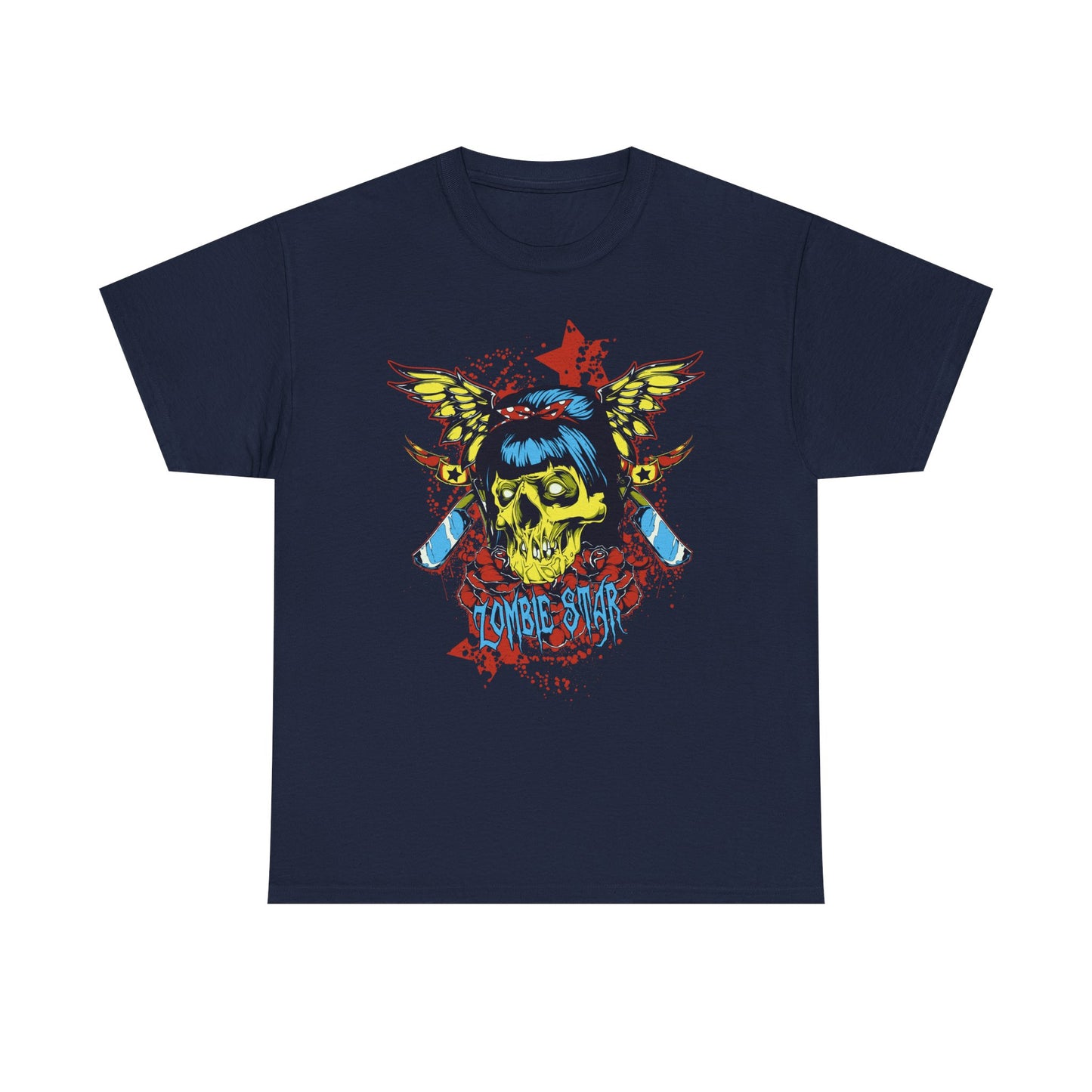 Men's navy blue graphic t-shirt featuring a vibrant skull design with wings and the text 'ZOMBIE STAR', ideal for gothic and alternative fashion enthusiasts.