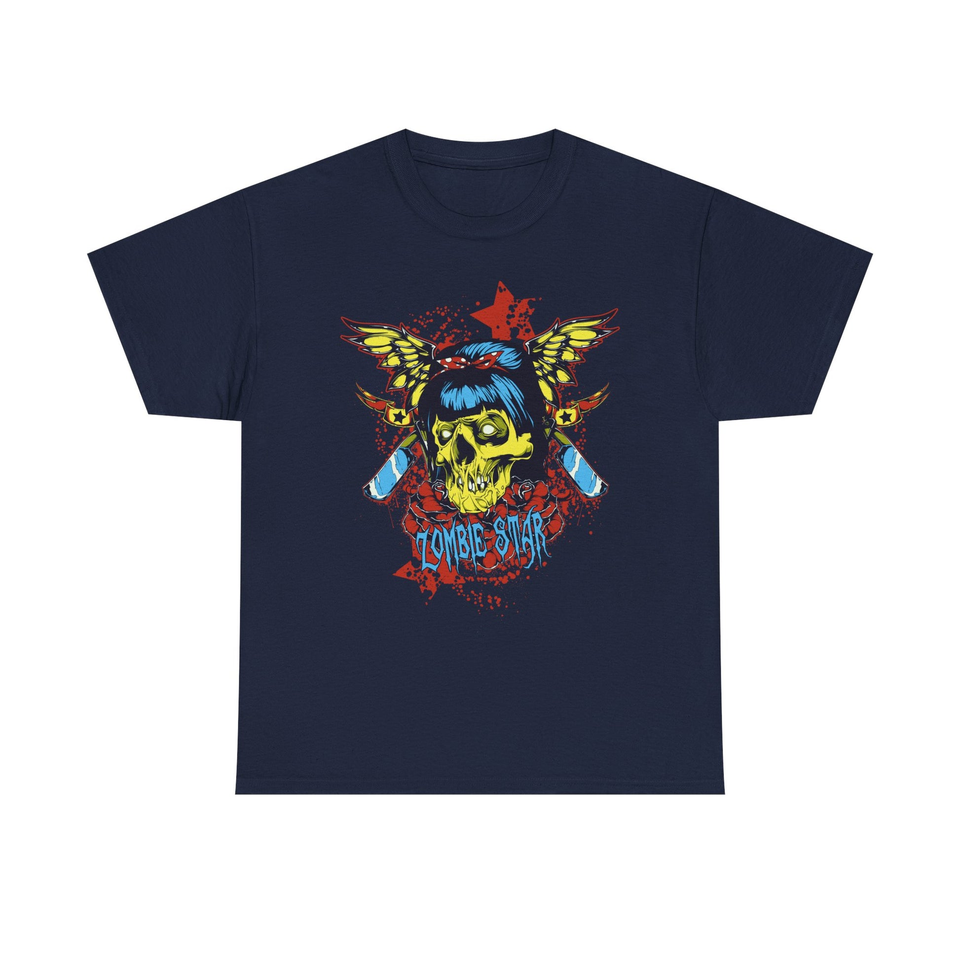 Men's navy blue graphic t-shirt featuring a vibrant skull design with wings and the text 'ZOMBIE STAR', ideal for gothic and alternative fashion enthusiasts.
