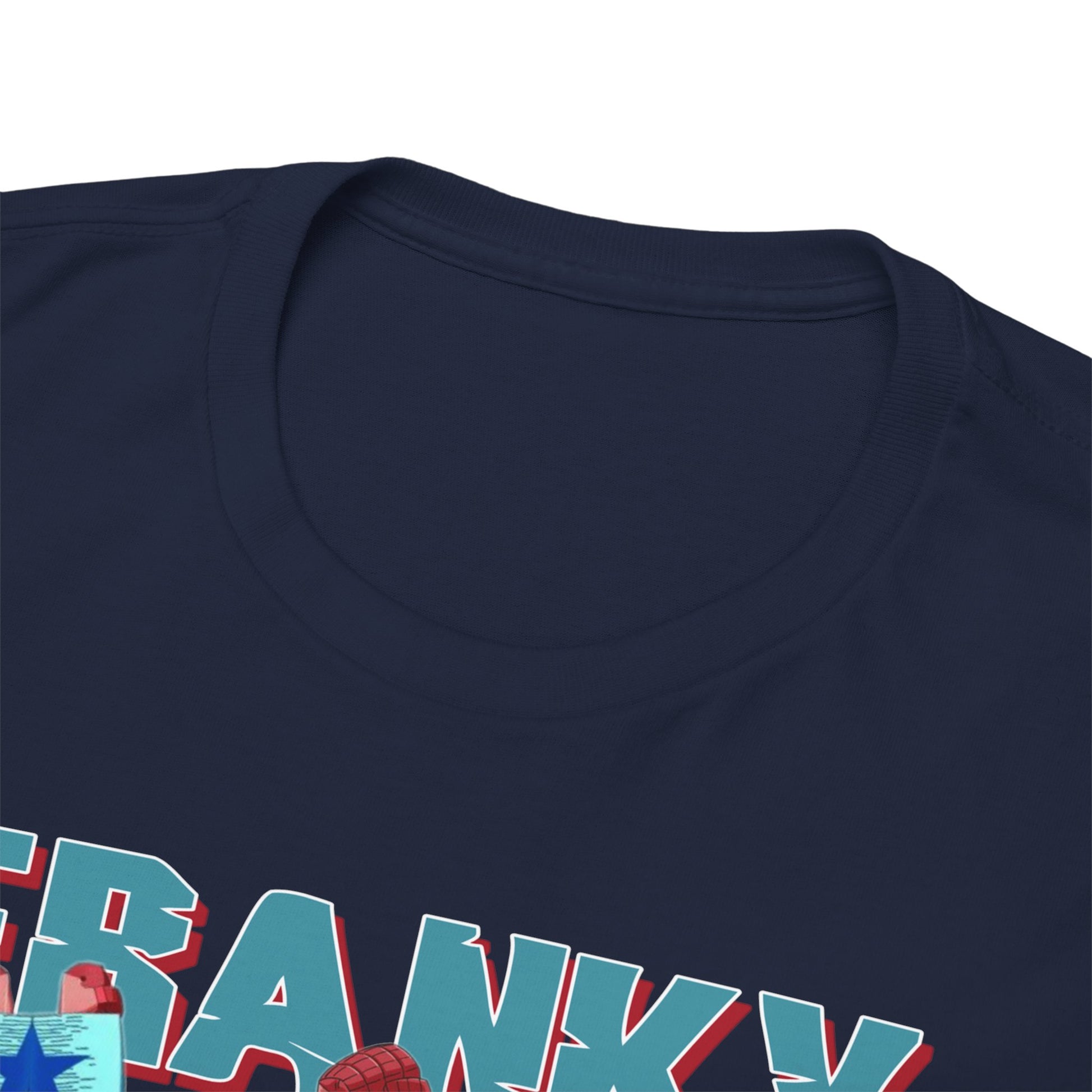 Close-up of a navy blue t-shirt neckline showcasing intricate anime graphic design, labelled 'FRANKY', highlighting premium quality fabric and craftsmanship.