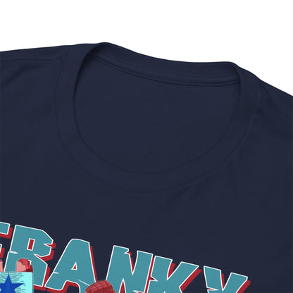 Close-up of a navy blue t-shirt neckline showcasing intricate anime graphic design, labelled 'FRANKY', highlighting premium quality fabric and craftsmanship.