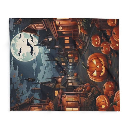 Elegant Decorative and Warm Halloween Spooky Arctic Fleece Blanket featuring a charming Halloween design with pumpkins and bats, ideal for festive settings.