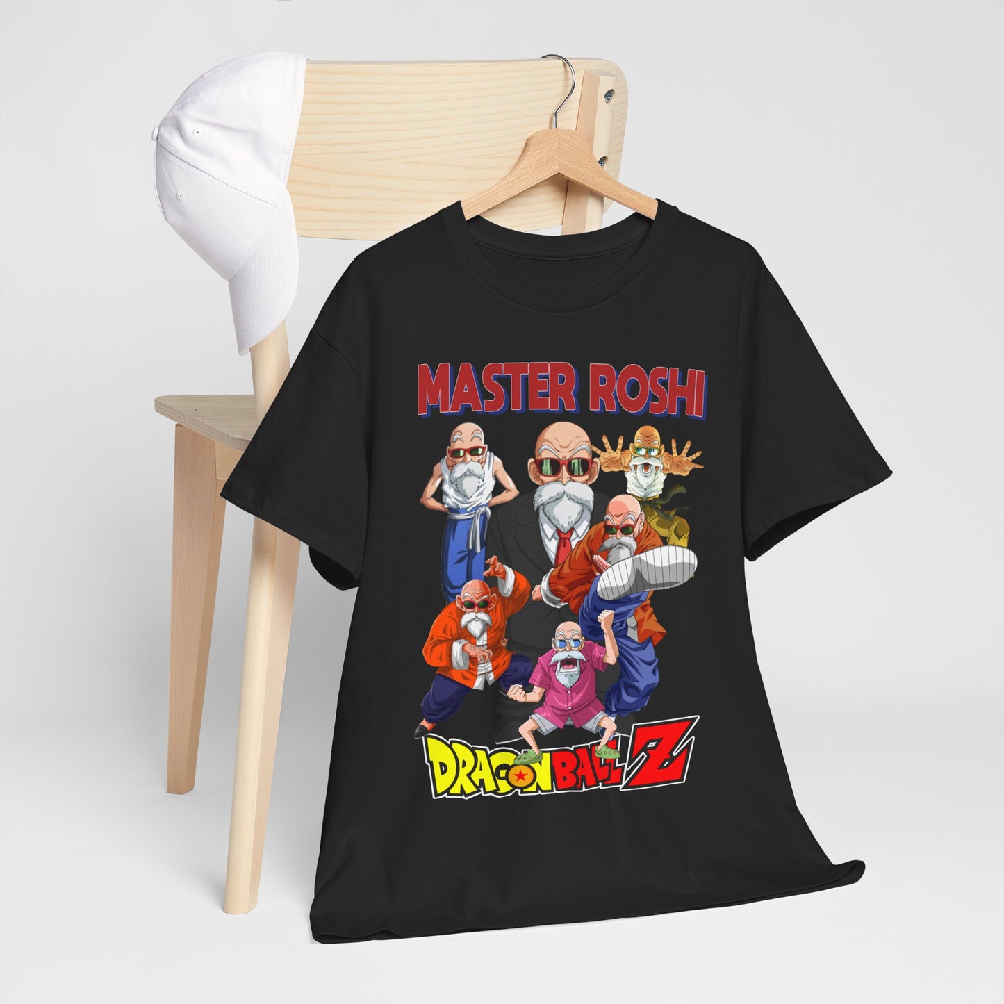 Exquisite Dragon Ball Z Master Roshi men's T-shirt on a hanger next to a cap, boasting a bold and colourful graphic design, perfect for making a statement in casual or streetwear fashion.