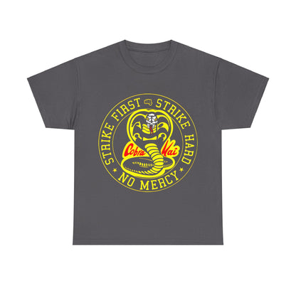 Cobra Kai Graffiti Graphic Unisex T-Shirt in charcoal grey featuring an eye-catching yellow and red cobra illustration alongside the phrase 'Strike First, Strike Hard, No Mercy'. A refined style for true aficionados.