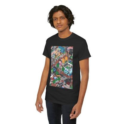 Luxury black graphic tee featuring an intricate, colourful design inspired by urban elements, showcasing scenes reminiscent of life's chaos and vibrancy.