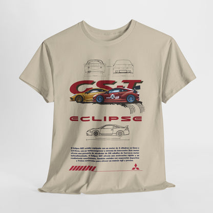 Stylish Mitsubishi Eclipse GST graphic t-shirt featuring intricate illustrations and dynamic design elements, perfect for expressing passion for luxury automobiles.