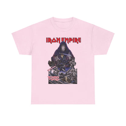 Iron Empire Graphic Tee in soft pink, showcasing a striking Darth Sidious and Vader graphic, made from luxurious cotton.